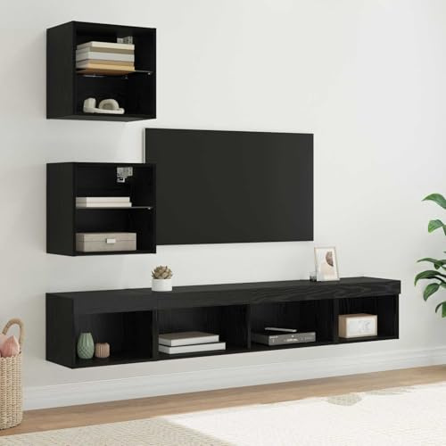 Hoopleep TV Wand Einheit mit LED, 5-teilig, Schwarz Eichen-Optik, Holzwerkstoff, schwebend, für Wohnzimmer, Stauraum und Präsentation
