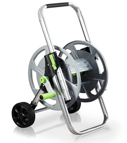 YESTAR Schlauchwagen aus Metall – fahrbare Schlauchtrommel für 60 m (1/2 Zoll) Schlauch,mit Rädern, Verstellbarem Handlauf & Robustem Metallrahmen,Garten, Platzsparend & Einfach Abnehmbar（Silber）