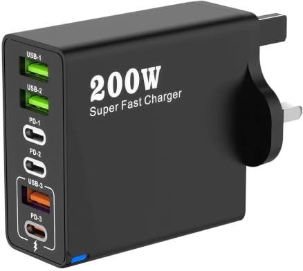 200W 6-Port USB Charging Station, PD 100W/65W/45W/20W Fast Charging | Multi USB C Charger Hub for MacBook Dell iPhone 16/15/14 Pro iPad Samsung Galaxy Steam Deck Tablets USB-C Devices
