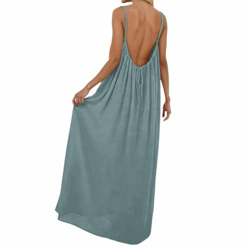 Vestito Lungo Estivo Donna Abito con Schiena Scoperta Vestito da Mare Boho Chic Dresses Vestiti con Spalline Sottili Elegante Abiti Cerimonia Caftano Scollato Senza Maniche Taglie Forti Tinta Unita