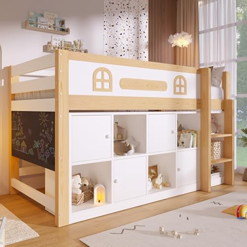 BTM Halbhohes Bett 90x200 mit Schrank, Kreidetafel und Leiter Kinderhochbett mit Rausfallschutz, Weiß + Natur
