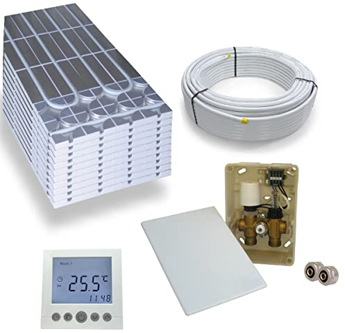 Warmwasser Trockenestrich Fußbodenheizung HoWaTech DRY Komplett Set 5/10m² Dämmplatte 30mm EPS WLG 035 DEO und E-Regelbox Digital Thermostat, Heizfläche:10.00m²