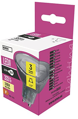 EMOS LED Lampe Spot 4,2W, MR16, GU10 Sockel, Ersatz für 36W Halogenlampe, Helligkeit 333lm, Warmweiß 3000K, 30000 Stunden Lebensdauer, CRI 80, 110° Abstrahlwinkel