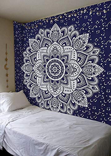 Popular Handicrafts Hippie-Mandala-Wandbehang, indische Leidenschaft, Ombré-Maditation, blauer Farbstoff Silber Bohemian-Stil Hippie psychedelisches Schlafsaal, Raumdekoration, Poster 76,2 x 101,6 cm