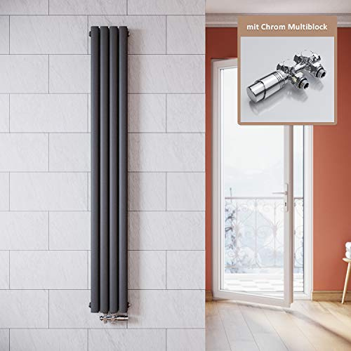 ELEGANT Vertikal Heizkörper Anthrazit 1800x236mm mit Multiblock Chrom Thermostat Design Heizkörper Doppellagig Röhrenheizkörper Badheizkörper Mittelanschluss