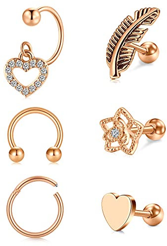 D.Bella 6 Pcs Piercing Helix Cartilage Tragus Studs Anneaux Cerceaux Acier Chirurgical Boucle d'oreille Bars Bijoux de Piercing Or Rose