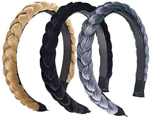 Zasvec Geflochtene Haarreifen 3 Stück - Elastisches Rutschfestes Haarband Mit Drehung - Flanell Stirnband - Breite Stoff Haarreife Für Damen in 3 Farben