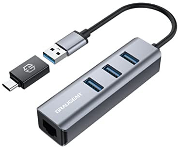 GRAUGEAR | 3 Ports USB 3.0 HUB + Gigabit Ethernet LAN RJ45 | USB-C | USB-A | Aluminiumgehäuse | USB Type-C Adapter | USB LAN Adapter | G-HUB31L-A, Gray