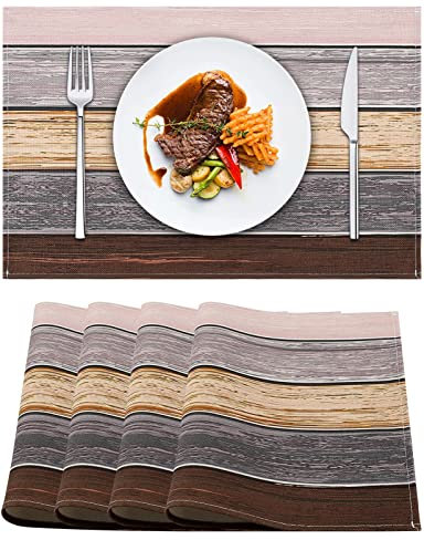 Tischset Leinen Set Von 4 Stück Farmhouse Braun - Ideal für Heimdekor, Party, Outdoor, Esszimmer, Landhaus - Holzmaserung Waschbare Platzsets 45 X 32 cm - Esstischmatten Telleruntersetzer Grau