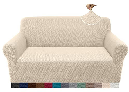Granbest 2023 Neueste Jacquard Sofabezug 2 Sitzer Superweicher Rutschfester Stretch Couchbezug Vier Jahreszeiten Universal Elastische Sofahusse für Hunde, Katzen, Haustiere (2 Sitzer, Beige)