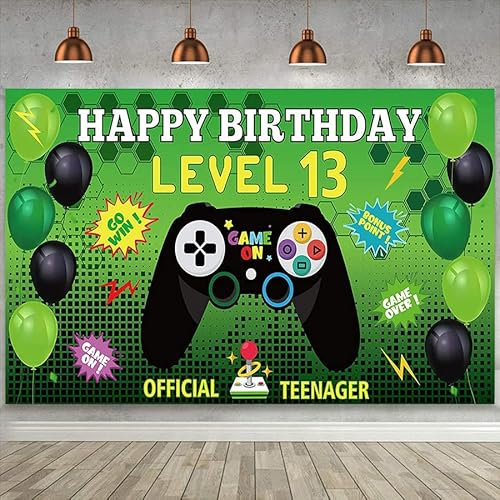 Level 13 Videospiel Happy Birthday Backdrop Level Up Geburtstagsfeier Dekorationen Game Controller Ballon Tisch Banner Poster 180X120cm
