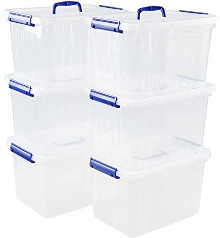 Easymanie 6 Pack 12 L Plastic Lidded Storage Container Box with Handle, Clear
