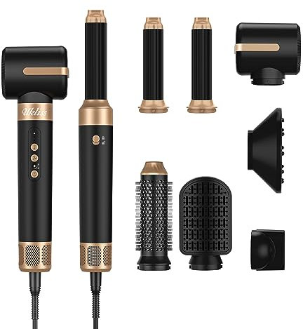 UKLISS Hair Dryer Brush Airstyler 7 IN 1, 1400W Ionen Haartrockner mit 3 Temperatur, Stylingbürsten, Rundbürstenföhn, Haarglätter Bürste, Volumenbürste, Lockenstab, Föhn Diffusor Schwarz