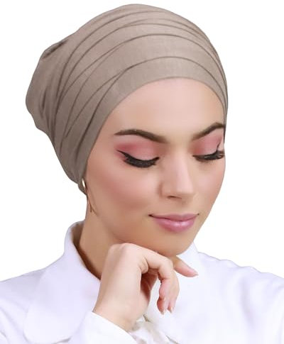 Lamis Hijab Turban, Damen, zum Anziehen, weich und dehnbar, Mütze mit gekreuzter Stirn, TU-2, Dunkeltaupe, One size