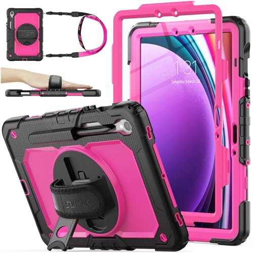 SEYMAC stock Case for Samsung Galaxy Tab S10 FE/ S9 FE 10.9 inch & S9 11 inch, Full-body Drop Protection with Screen Protector, 360° Rotating Stand/Hand Strap, Pen Holder & Shoulder Strap, Rose
