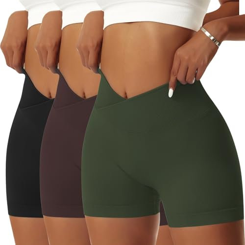 Vertvie Damen Gym Shorts V Cross Stretch Push Up Yoga Shorts Booty Scrunch Fitness Hosen Kurz High Waist Nahtlos Workout Sportshorts Butt Lift Kurze Leggings Sommer (Schwarz/Armeegrün/Dunkelbraun, L)