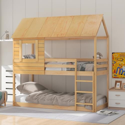 Daesar Hausbett Etagenbett 90x200, Kinderbett Holz mit Dach, Bettgestell mit Leiter und Lattenrost, Hausbett für 2 Kinder Mädchen