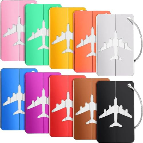 GGUFAY 7.5 * 4.4cm Lot de 10 Etiquette Bagage Aluminium, Étiquette Valise Avion avec Carte PVC étanche Cordon INOX Porte Etiquette en Métal pour Sacs à Dos, Voyages (10 Couleurs)