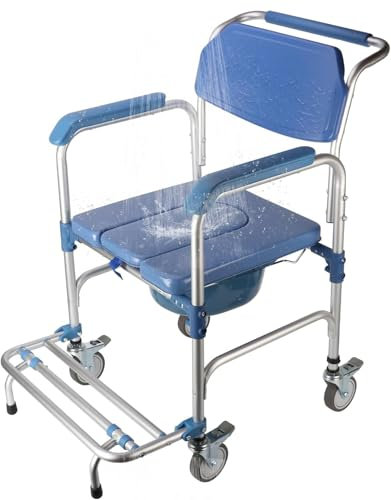 bimiti 4 in 1 Wheeled Commode Chair Mobile Toilet Chair Waterproof Shower Chair Bedside Commode Chair Toilet Seat with Moveable Potty Foldable Footrests for Elderly Disabled Pregnant