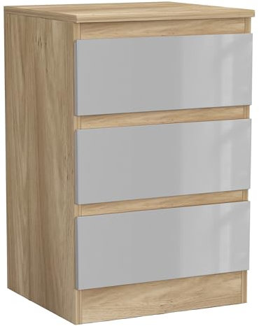 URBNLIVING 62cm High Gloss Bedside Chest of Drawers - 3 Drawer Bedroom Storage Cabinet with Smooth Metal Runner - Modern Dresser Bedside Table for Bedroom Living Room Office Hallway (Oak & Grey)