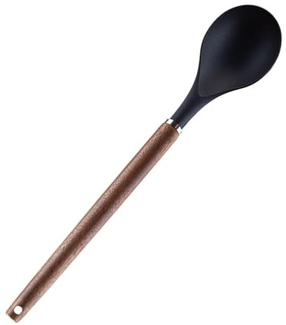 VFM - Solid Spoon Wood Handle Acacia Wooden Heat Resistant Solid Spoon Cooking Utensil, Nonstick Large & Long Accessory for Mixing Serving Stirring Basting Frying and Draining - 32cm Black