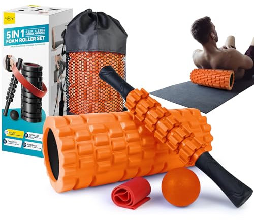 Krightlink 5 in 1 Foam Roller Set, Trigger Point Foam Roller Muscle Massage, High Density Fitness Exercise Foam Roller, Massageroller, Massage Ball, Widerstandsband für Pilates Yoga (Orange)