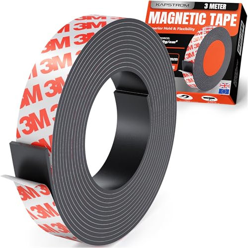 Rollo de cinta magnética KapStrom (3 metros / 120” de largo y 3 cm / 1,2” de ancho), tiras magnéticas premium con respaldo autoadhesivo fuerte de 3M, fácil de cortar a medida