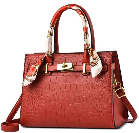 FOLOVEYA Damen Handtasche Henkeltaschen Elegante Krokodilmuster Designer Schultertasche Umhängetaschen mit Seidentuch für Arbeit Schule Alltag Reise PU Leder Rot