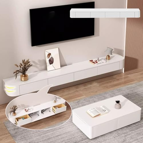 XDXINY Schwimmender TV-Ständer, Groß, Hängend, Wandmontage Mit Mehreren Aufbewahrungsfächern - Geeignet Für Wohnzimmer, Schlafzimmer (Weiß, 260 x 20 x 24 cm)