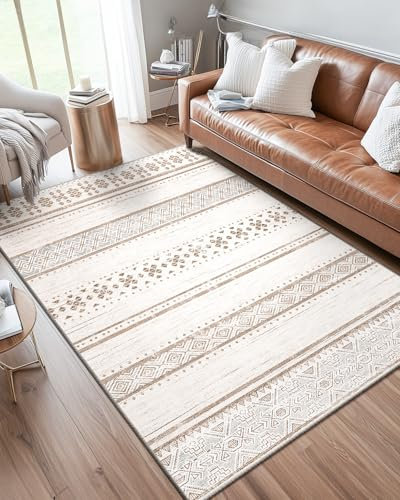 DEFYNEE Teppich Wohnzimmer 240x300 cm, Kurzflor, rutschfest und Weich, Für Wohn-, Schlaf- & Kinderzimmer, Cremebraun