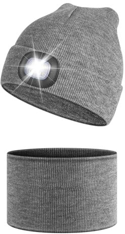 Shedoo Mütze mit LED Licht, Warm Winter Outdoor Strickmütze mit Schal für Herren Damen, USB Wiederaufladbare Stirnlampe Mütze mit Licht, Lampe Laufmütze für Angeln, Jogger, Camping, Laufen - Grau