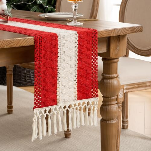 Camino de Mesa Navidad Rojo Camino de Mesa Boho Camino Mesa Macrame Caminos de Mesa Otoño con Borlas Moderno Cortijo Camino de Mesa de Rayas Trenzadas para Cenas, Fiestas y Festividades 30X140