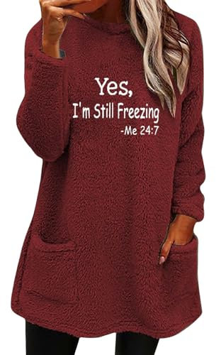SDERG Jumpers for Women Uk Yes I'm Still Freezing Hoodie Sweatshirt with Pockets Thermal Cashmere Jumpers Ladies Round Neck Long Sleeve Blouse Tops Double Sided Velvet Winter Clothes for Women