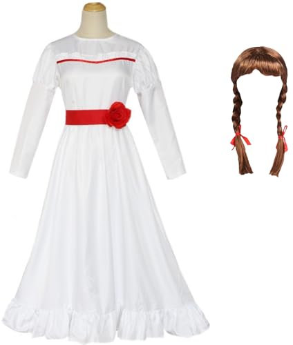 Windskids Annabelle Kostüm mit Perücke Damen Fasching Cosplay Horror Puppen Annabelle Gotik Vintage Weiß Kleid und Gürtel Set für Fancy Dress Up Halloween Karneval Party Maskerade Verkleidung Costume