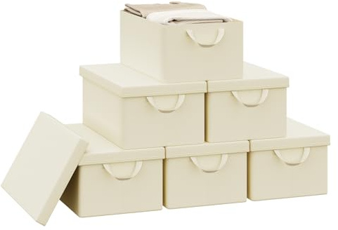 WOLTU Foldable Storage Boxes Set of 6, Fabric Storage Cubes with Metal Frame, Storage Baskets with Lid and Handles, Clothes Organisers for Wardrobe, Study, Children's Room, Bedroom, Cream, 48x29x20cm