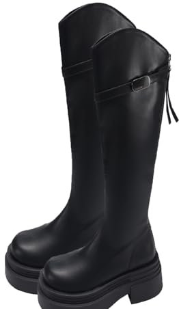 Stivali Alti Fino al Ginocchio con Cerniera e Tacco Basso con Suola Spessa, Materiale PU, Cuciture smerigliate, Suola Gomma Stivali Dritti, Stivali Donna Impermeabili,Nero,39 EU