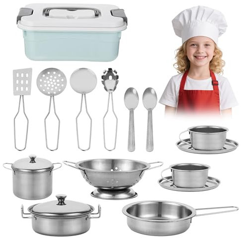 17 Piezas Juguetes de Cocina para niños Accesorios, Juguetes de Chef para Niños,Mini Cocina de Juguete con Utensilios – Juego de Cocina en Acero Inoxidable para Niños y Niñas