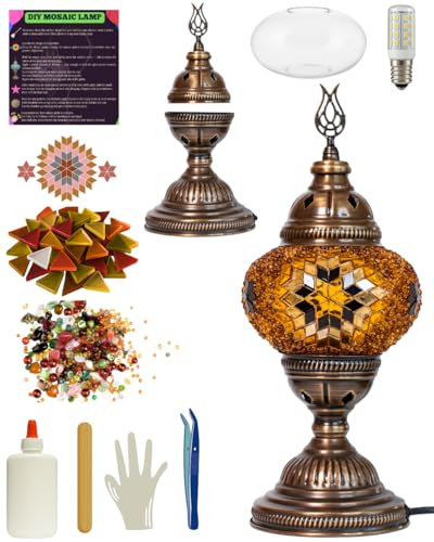 DEMMEX Kit de fabrication de lampe de table en mosaïque turque à faire soi-même, pièces en verre et outils, base en laiton antique, pas de joint nécessaire (classique, marron et ambre)