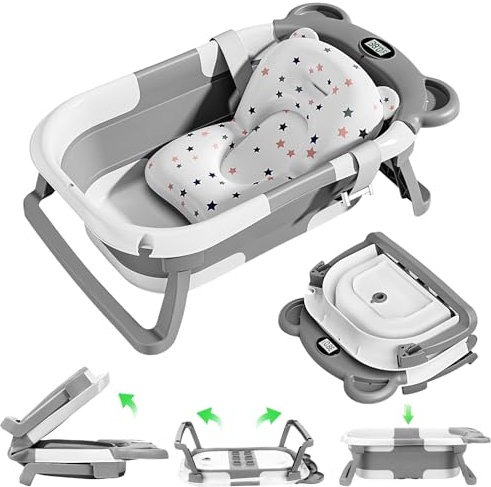 Mexgcom Baignoire pour BéBé, Baignoire pour BéBé Pliable avec Coussin, Bain pour BéBé Ergonomique avec ThermomèTre intéGré Pour les Nouveau-NéS de 0 à 36 Mois (Gris)