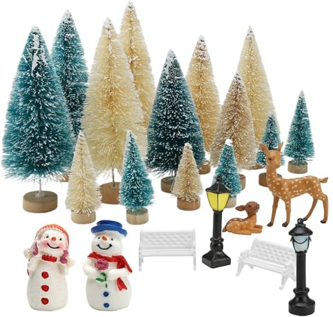 Miniature Christmas Tree, Bottle Brush Trees with Wood Base Mini Artificial, 50 PCS Winter Christmas Miniature Ornament Kits for DIY Xmas Scene Fairy Garden Dollhouse Home Décor, Mini Christmas Trees