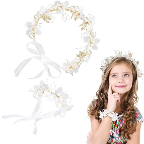 JYNXOR 2pcs Princesse Blanche Fleur Couvre-Chef +Bracelet Robe De Cheveux De Perle Cristal De Mariée Accessoires De Cheveux De Mariage Pour Les Filles