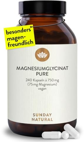 SUNDAY NATURAL® Magnesium Bisglycinat Premium - 240 Kapseln - 150mg reines Magnesium Glycinat Tagesdosis - Magnesiumglycinate als organisches Aminosäurechelat – Laborgeprüft, vegan
