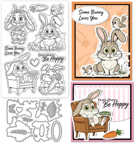 GLOBLELAND Cartoon Hasen Transparenten Stempeln Und Stanzformen Set Für Die Kartengestaltung Lustige Tiere Silikonstempel Vögel Schmetterlinge Buch Stanzformen Für DIY Scrapbooking Prägen