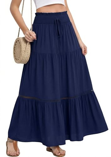 HEEKPEK Faldas Mujer Verano Cintura Alta Largas Falda Bohemia Maxi Corte A Falda Básica de Faldones para Vacaciones Playa Casual (Azul Marino, M)