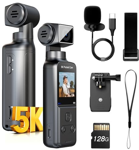 BOBLOV 5K W5 Body Camera, 128GB Mini Action Camera with External Microphone, 270° Rotate Lens, Camcorde for Video Recording, Clip/Strap Options, EIS Stabilization for Meeting, Vlogging, and Daily Use