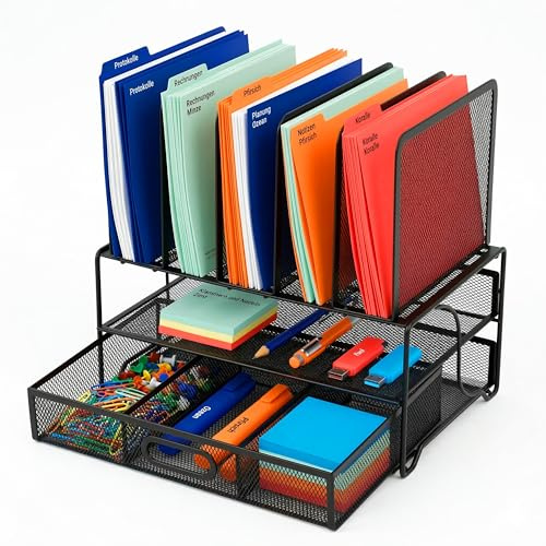 Relaxdays Schreibtisch Organizer, Ordnerhalter mit Schublade & 6 Ablagen, Büro, HBT: 36 x 35 x 24,5 cm, Metall, schwarz