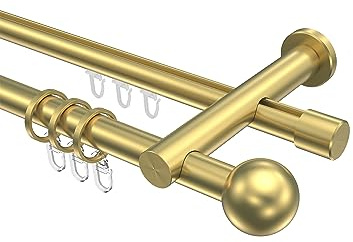 INTERDECO Rundrohr-Innenlauf-Gardinenstange 20 mm 2-läufig, moderne Rohr-Innenlaufstange aus Metall, Messing-Optik, zur Wandmontage, Typ 10223612, 200 cm