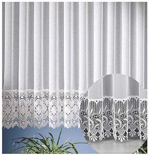 heimtexland edle Store Gardine aus Websablé transparent mit echtem Makramee Sockel in rein weiß - HxB 120x300 cm für Dekorationsbreite 100-130 cm - Ökotex Macramé Vorhang Typ516