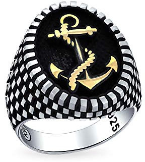 Men'S Big Oval Signet Nautische Seil Boot Anker Ring Für Männer Checker Board Zwei Ton Schwarz Gold-Ton Patina .925 Sterling Silber Hergestellt In Turkey