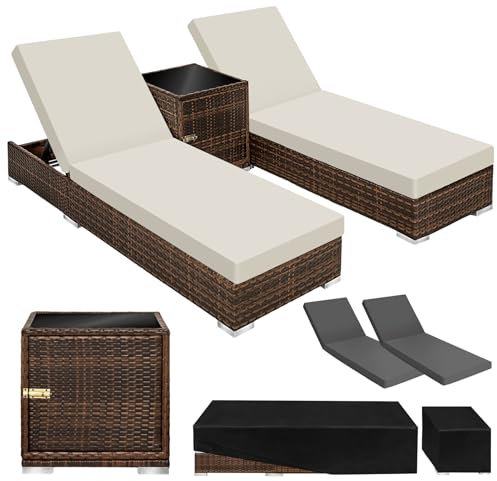 TecTake® Set 2 Tumbonas de Ratán y Aluminio + Mesa Jardín, Piscina, Playa - Respaldo Regulable, Resistente a Rayos UV, Fácil Limpieza, Fundas Intercambiables, Funda Protectora - Marrón